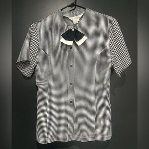 Vintage Houndstooth Black and White Button Down Blouse with Bow